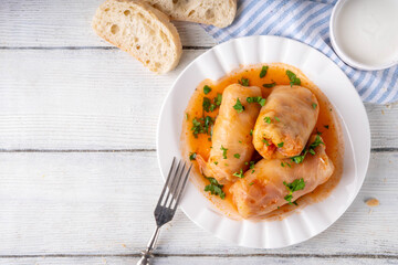 Cabbage rolls, stuffed golubtsi with meat and vegetable fillings