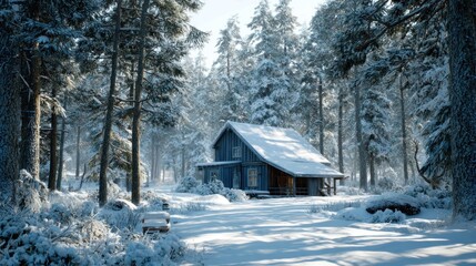 Snow-covered cabin in peaceful pine forest  