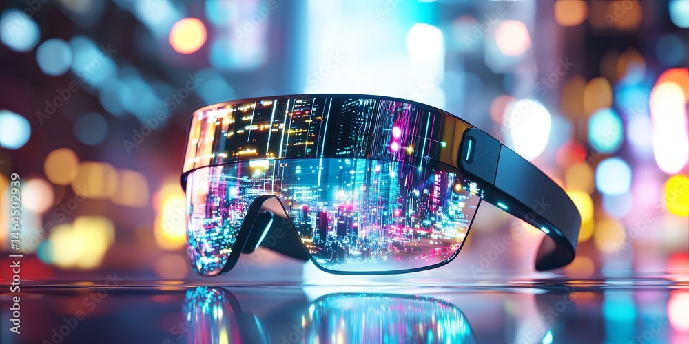 Poster Futuristic Augmented Reality Glasses with Digital Display Reflecting Colorful Light and Imagery in a Dynamic Urban Environment