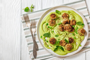 chicken broccoli meatballs with green pea hummus