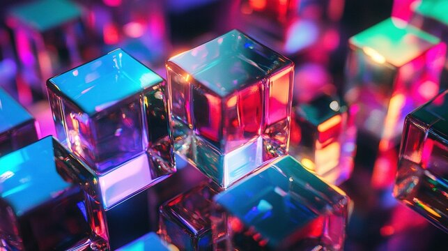 Transparent glass cubes with floating chromatic aberration and refraction effects, abstract geometric shapes with vivid color distortion and light reflection, futuristic and elegant visual concepts.