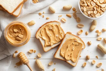 Delicious Peanut Butter Spread on Bread with Peanuts and Honey on Wooden Table, Perfect for Breakfast or Snack Time Ideas and Food Photography