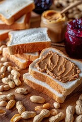 Delicious Peanut Butter Spread on Fresh Slices of Bread Surrounded by Peanuts and Jars of Sweet Jam, Perfect for Breakfast or Snack Ideas