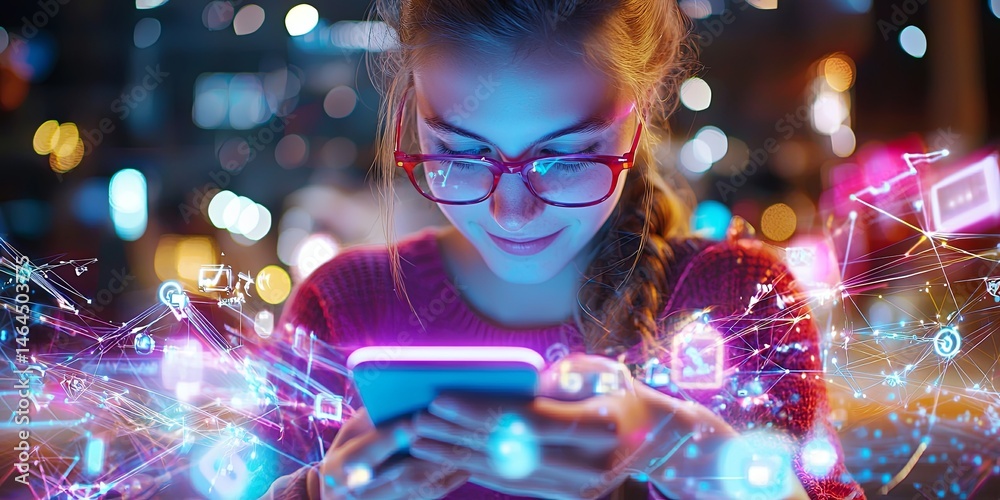 Poster Young Woman Engaged with Smartphone Surrounded by Colorful Digital Icons and Symbols Representing Technology and Connectivity in a Vibrant Atmosphere