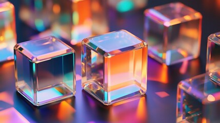 Transparent glass cubes with floating chromatic aberration and refraction effects, abstract geometric shapes with vivid color distortion and light reflection, futuristic and elegant visual concepts.
