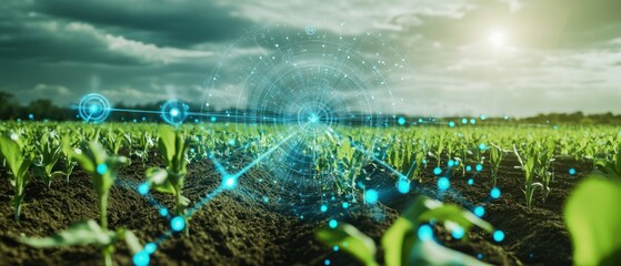 Smart farming technology digital overlay on growing crops