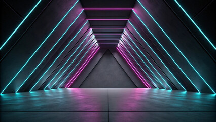 Futuristic neon lit triangular tunnel with glowing pink and blue lights, creating modern and immersive atmosphere
