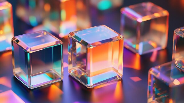 Transparent glass cubes with floating chromatic aberration and refraction effects, abstract geometric shapes with vivid color distortion and light reflection, futuristic and elegant visual concepts.