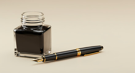 Elegant Fountain Pen with Ink Bottle - Luxury Writing Instrument