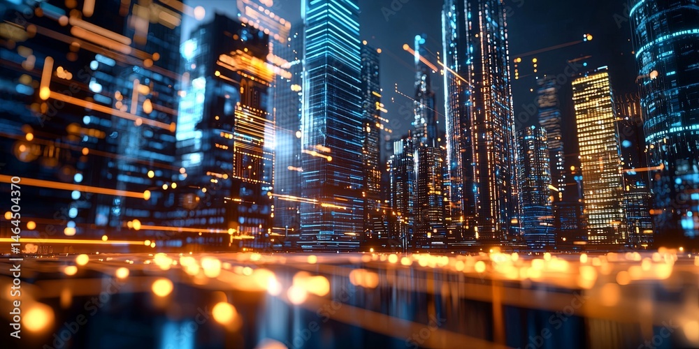 Poster futuristic city skyline at night with glowing buildings, digital data streams, and technological ele