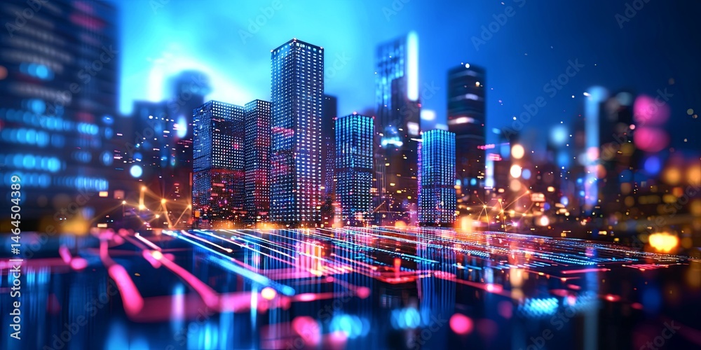 Poster futuristic city skyline at night with glowing buildings, digital data streams, and technological ele