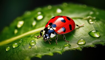 Macro Shot of a Vibrant Ladybug Resting on a Green Leaf