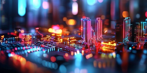 Futuristic cityscape with glowing neon lights and digital networks showcasing advanced technology and urban development at night