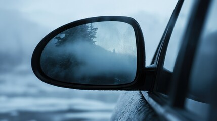 Foggy mountain road reflection, car mirror