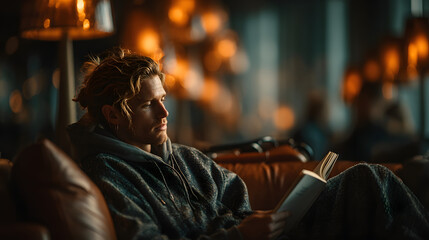 Obraz premium Young Entrepreneur Relaxing, Reading in Cozy Corner