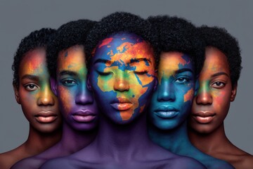 Obraz premium Five distinct women with artistic face paint representing world maps in vibrant colors showcasing unity diversity and cultural expression amidst a backdrop of deep artistic harmony