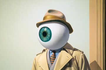 A surreal depiction of a figure with an eyeball for a head, dressed in a trench coat and hat, evokes mystery and intrigue.