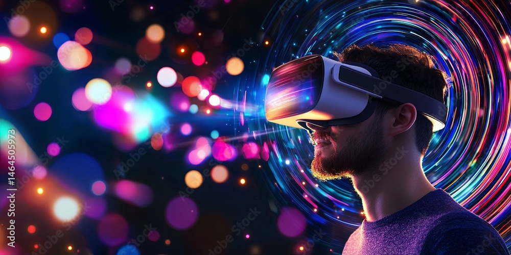 Poster man in virtual reality headset surrounded by colorful swirling lights and digital effects representi