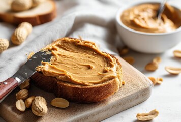 Fototapeta premium Deliciously Creamy Peanut Butter Spread on Freshly Toasted Bread with Peanuts in the Background for a Tasty Breakfast or Snack Scene