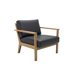 Fototapeta premium Modern Armchair, Black Leather, Wood Frame, with transparent background.