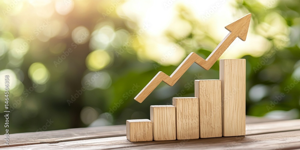 Poster growth and success concept with wooden blocks and rising graphical arrow on a wooden table, represen