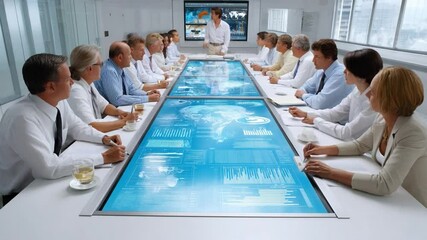 Modern Meeting: A panoramic view of a technology-infused meeting room where a diverse group of professionals gathers around a long table, illuminated by a digital display of global information. - Powered by Adobe