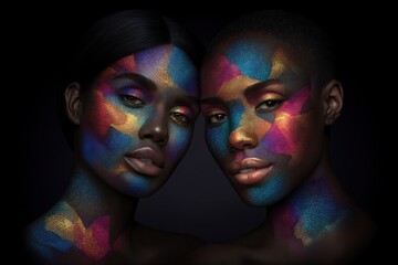 Captivating portrait of two women adorned with vibrant artistic face paint showcasing stunning colors and textures that symbolize bold identity and self-expression in a striking visual