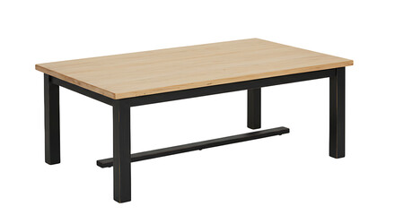 A simple wooden table with a black metal frame stands against a dark background in a studio setting