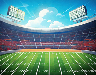 Cartoon Football Field with Scoreboard and Lights