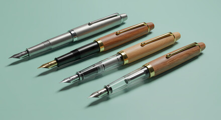 Fototapeta premium Elegant Fountain Pens on Light Green Background