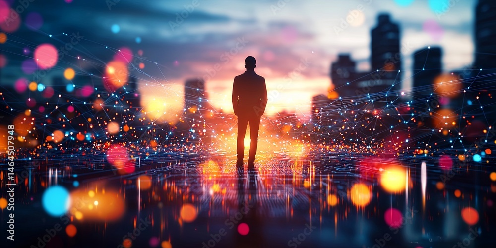 Poster silhouette of a person standing on a digital network with vibrant colors, symbolizing connectivity a
