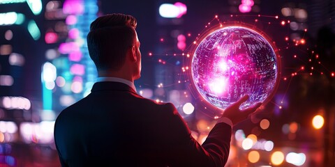 Obraz premium Businessman Analyzing Futuristic Digital Globe with Data Connections and Networks in a Modern City Environment at Night