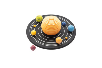 A colorful model of the solar system featuring spherical representations of the Sun and planets arranged on orbital paths.