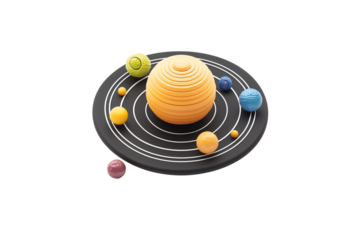 A colorful model of the solar system featuring spherical representations of the Sun and planets arranged on orbital paths.