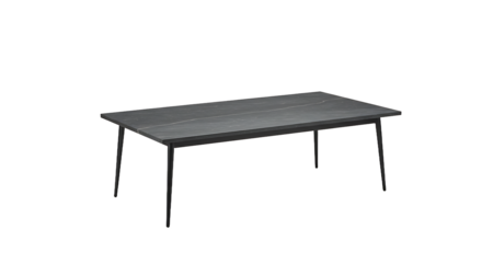 A gray rectangular table with metal legs isolated on a black background in a studio setting look modern