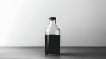Dark liquid in a clear glass bottle on a gray surface.