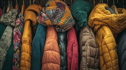 Colorful winter outerwear collection hanging in a wardrobe