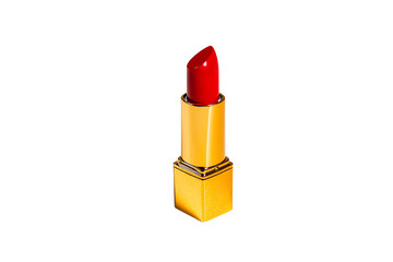 focusing only on the main subject/object: A vibrant red lipstick in a luxurious gold tube stands upright.