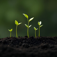 Fototapeta premium Growth Stages: A symbolic depiction of progress, a sequence of five green saplings emerging from the fertile soil, each representing a phase of development and evolution.