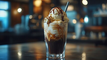 Refreshing iced coffee drink topped with vanilla ice cream.