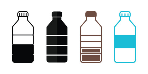 Plastic bottle black icon set isolated on white background. Water bottle flat line style set. Pet bottle plastic. Small and large bottles for water. Vector illustration. EPS 10