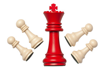 A red king chess piece stands surrounded by four white pawns.