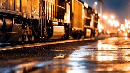 Obraz premium Nighttime scene of freight trains parked on wet tracks, illuminated by distant lights