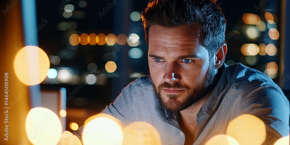 Leinwandbilder focused male professional working late at night in a modern office, with a computer screen and soft 