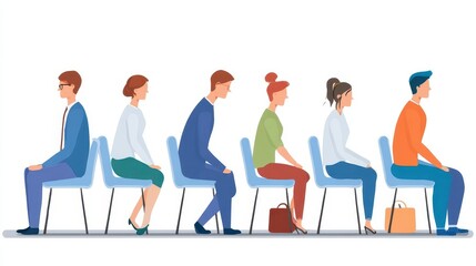 Waiting people seated in a line of chairs.