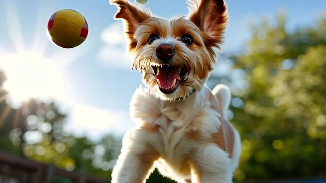 Playful tan and white dog with floppy ears catches a yellow ball outdoors. Bright sunlight creates lens flare. Happy expression on the dog's face.  Close-up shot