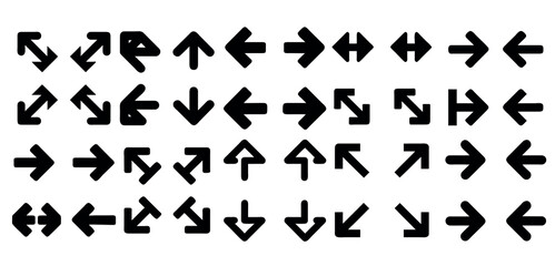 Vector illustration Collection of various black directional arrows, arrow, directional, direction, navigation, icon, graphic, design, black and white, black, white, up, down, left, right, diagonal, sy
