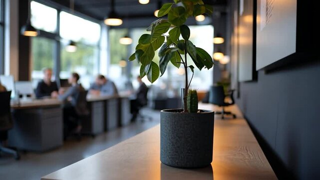 A small potted plant sits in the foreground of a modern, bright office space.  The background shows blurred figures working at desks, creating a sense of bustling activity. Warm lighting enhances the