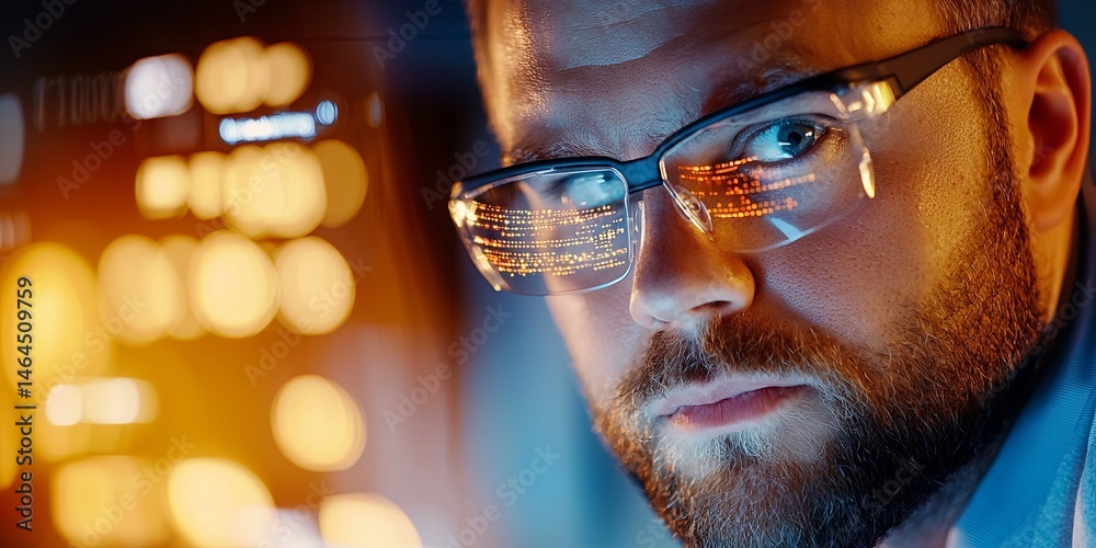 Poster A focused man observing glowing data on glasses while analyzing information in a dark room, showcasing dedication to technology and cybersecurity analysis
