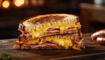 A grilled cheese and ham sandwich cut in half on a wooden cutting-board, with pickles and a sausage in the background.